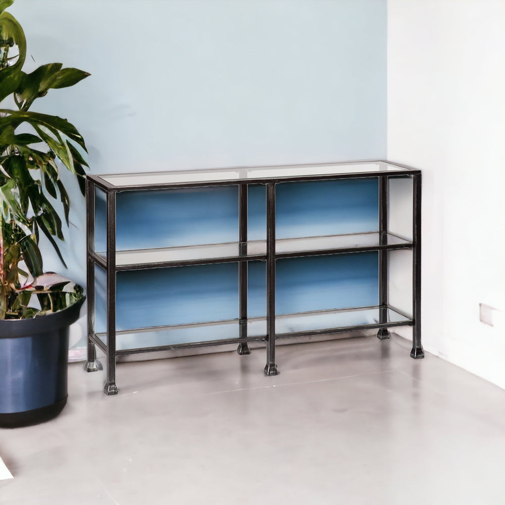 Homeroots 49" Clear And Black Glass Distressed Floor Shelf Console Table With Storage   402369