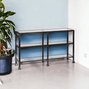 Homeroots 49" Clear And Black Glass Distressed Floor Shelf Console Table With Storage   402369