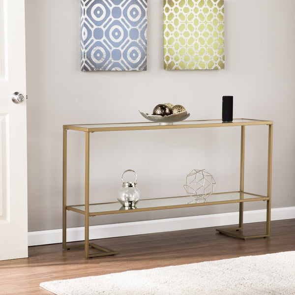 Homeroots 52" Clear And Gold Glass Mirrored Sled Console Table With Shelves   402371