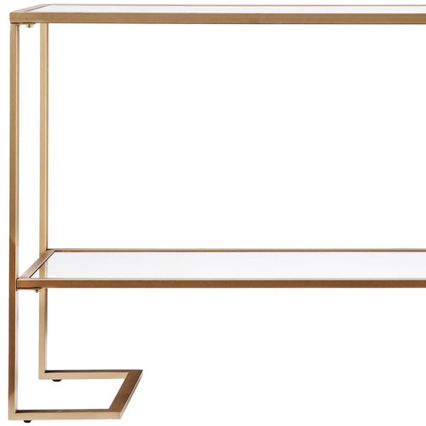 Homeroots 52" Clear And Gold Glass Mirrored Sled Console Table With Shelves   402371