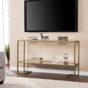 Homeroots 52" Clear And Gold Glass Mirrored Sled Console Table With Shelves   402371