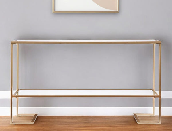 Homeroots 52" Clear And Gold Glass Mirrored Sled Console Table With Shelves   402371
