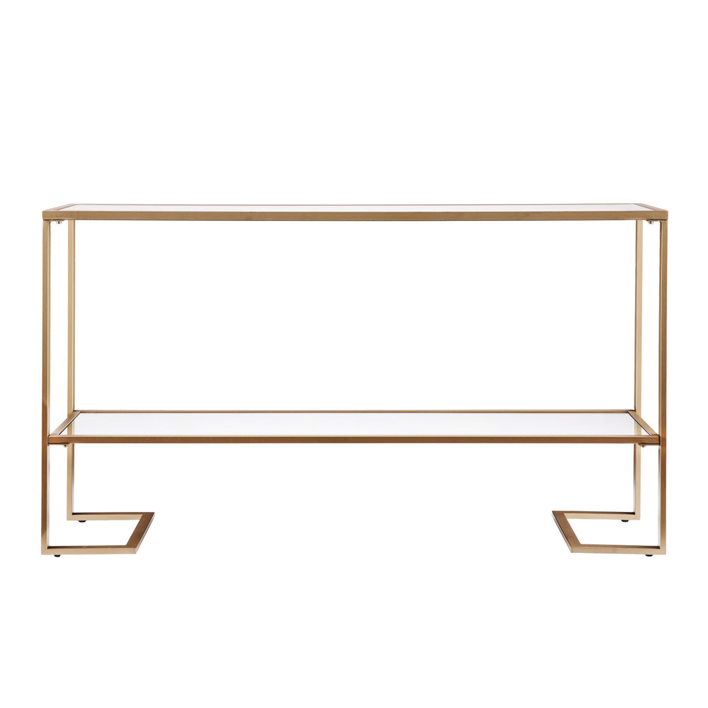 Homeroots 52" Clear And Gold Glass Mirrored Sled Console Table With Shelves   402371