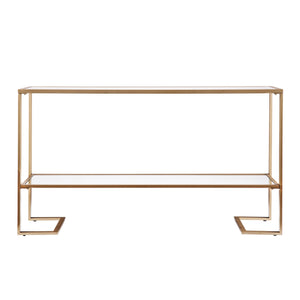 Homeroots 52" Clear And Gold Glass Mirrored Sled Console Table With Shelves   402371