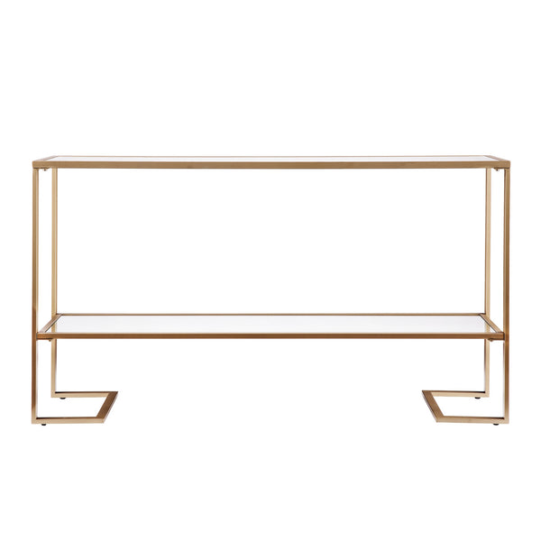 Homeroots 52" Clear And Gold Glass Mirrored Sled Console Table With Shelves   402371