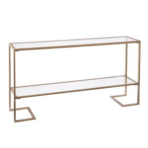 Homeroots 52" Clear And Gold Glass Mirrored Sled Console Table With Shelves   402371