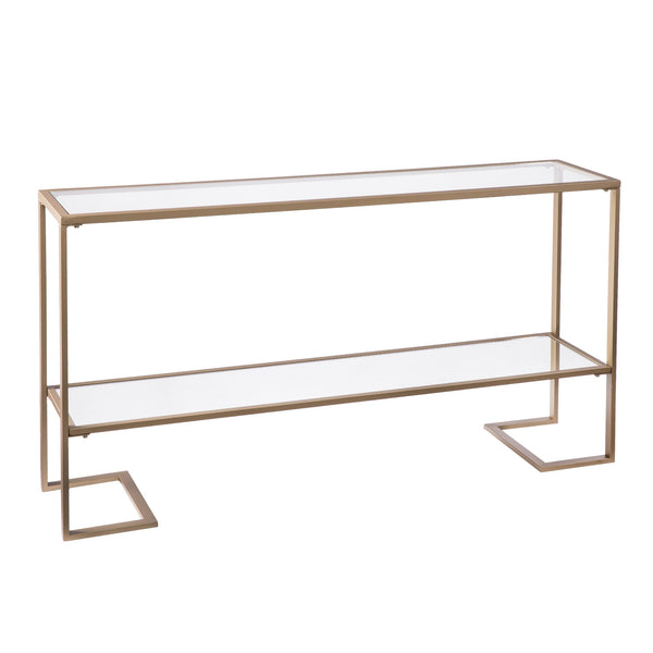 Homeroots 52" Clear And Gold Glass Mirrored Sled Console Table With Shelves   402371