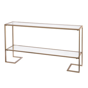 Homeroots 52" Clear And Gold Glass Mirrored Sled Console Table With Shelves   402371