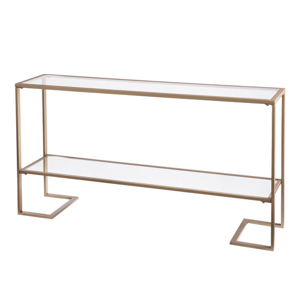 Homeroots 52" Clear And Gold Glass Mirrored Sled Console Table With Shelves   402371