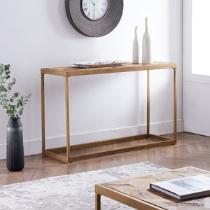Homeroots 48" Natural And Brass Reclaimed Wood Frame Console Table   402374