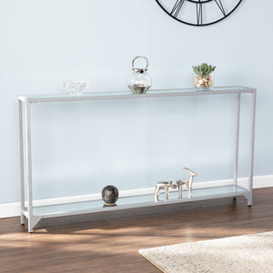 Homeroots 56" Clear And Silver Glass Mirrored Floor Shelf Console Table With Storage   402376