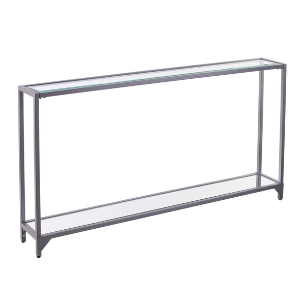 Homeroots 56" Clear And Silver Glass Mirrored Floor Shelf Console Table With Storage   402376
