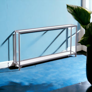 Homeroots 56" Clear And Silver Glass Mirrored Floor Shelf Console Table With Storage   402376