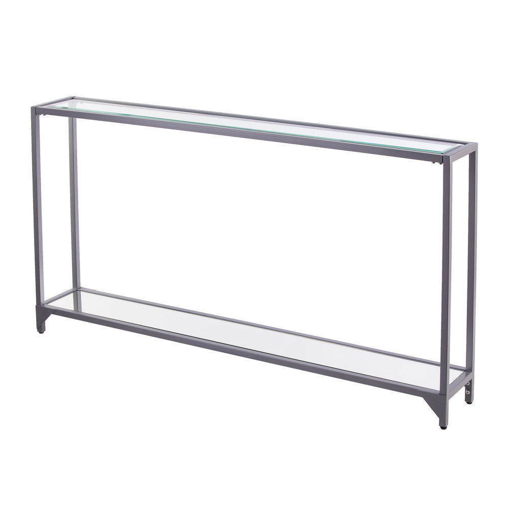 Homeroots 56" Clear And Silver Glass Mirrored Floor Shelf Console Table With Storage   402376