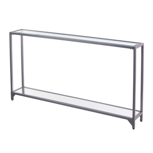 Homeroots 56" Clear And Silver Glass Mirrored Floor Shelf Console Table With Storage   402376