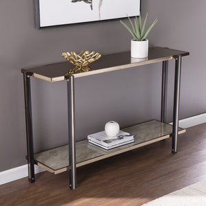 Homeroots 50" Smoky Black And Champagne Glass Mirrored Floor Shelf Console Table With Storage   402377