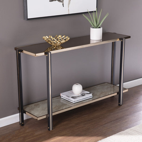 Homeroots 50" Smoky Black And Champagne Glass Mirrored Floor Shelf Console Table With Storage   402377