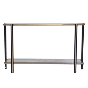 HomeRoots 50" Elegant Smoky Black Mirrored Glass Console Table with Champagne Base and Lower Shelf Storage 402377