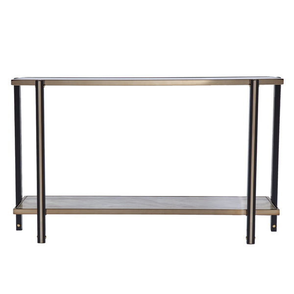 HomeRoots 50" Elegant Smoky Black Mirrored Glass Console Table with Champagne Base and Lower Shelf Storage 402377