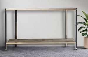 HomeRoots 50" Elegant Smoky Black Mirrored Glass Console Table with Champagne Base and Lower Shelf Storage 402377