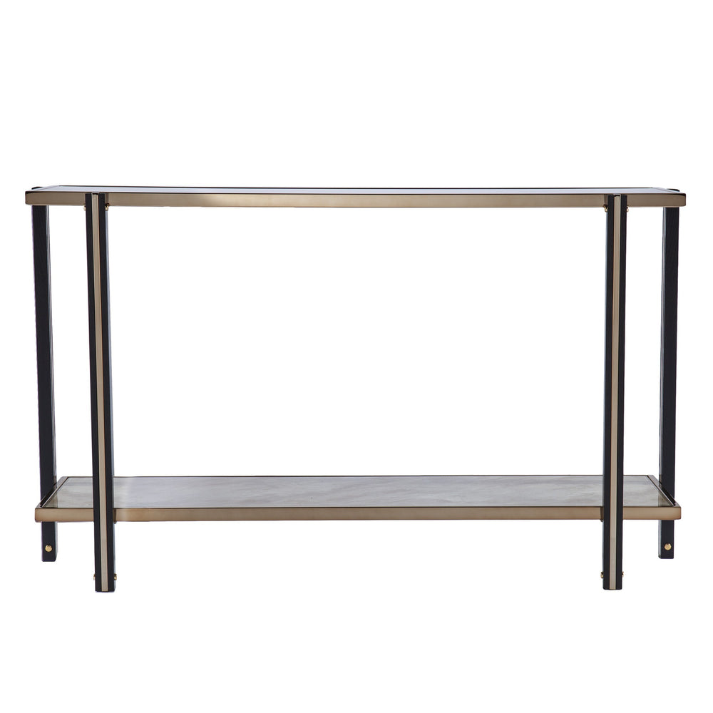 Homeroots 50" Smoky Black And Champagne Glass Mirrored Floor Shelf Console Table With Storage   402377