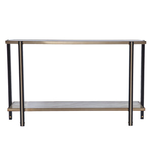 Homeroots 50" Smoky Black And Champagne Glass Mirrored Floor Shelf Console Table With Storage   402377