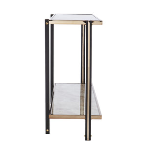 Homeroots 50" Smoky Black And Champagne Glass Mirrored Floor Shelf Console Table With Storage   402377