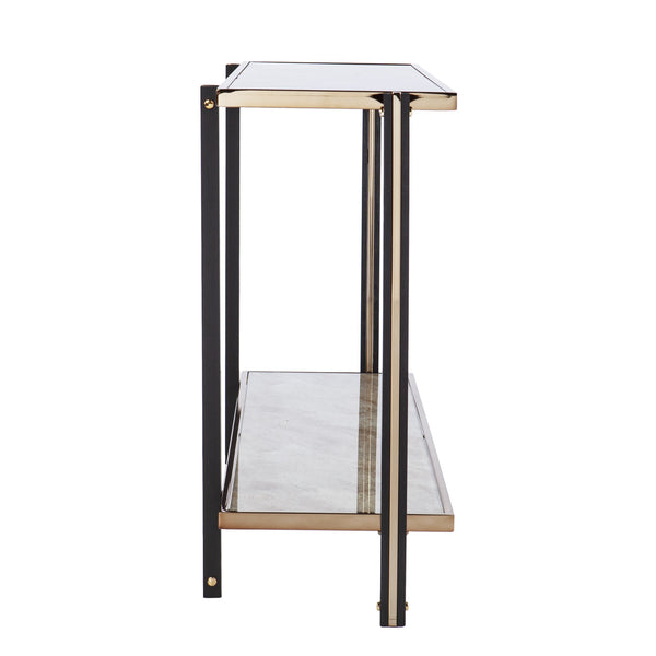 Homeroots 50" Smoky Black And Champagne Glass Mirrored Floor Shelf Console Table With Storage   402377