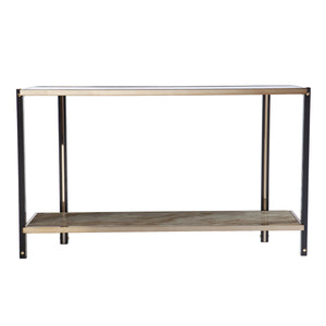 Homeroots 50" Smoky Black And Champagne Glass Mirrored Floor Shelf Console Table With Storage   402377