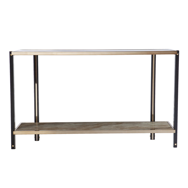 Homeroots 50" Smoky Black And Champagne Glass Mirrored Floor Shelf Console Table With Storage   402377