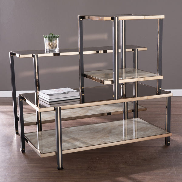 Homeroots 50" Smoky Black And Champagne Glass Mirrored Floor Shelf Console Table With Storage   402377