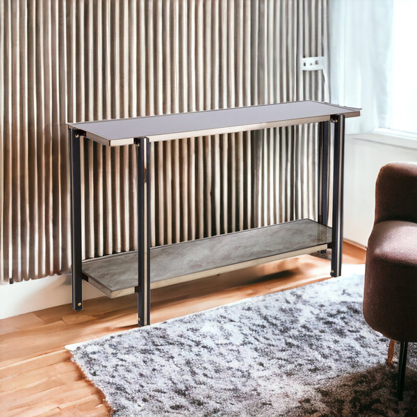 Homeroots 50" Smoky Black And Champagne Glass Mirrored Floor Shelf Console Table With Storage   402377