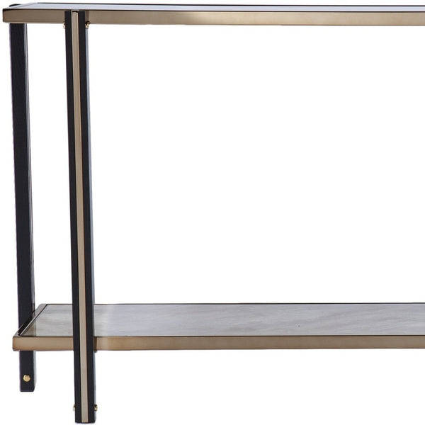 HomeRoots 50" Elegant Smoky Black Mirrored Glass Console Table with Champagne Base and Lower Shelf Storage 402377
