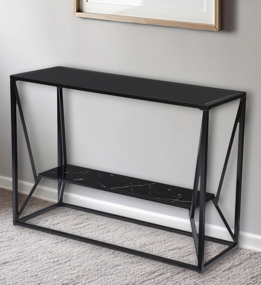 Homeroots 42" Black Glass Frame Console Table With Shelves   402380