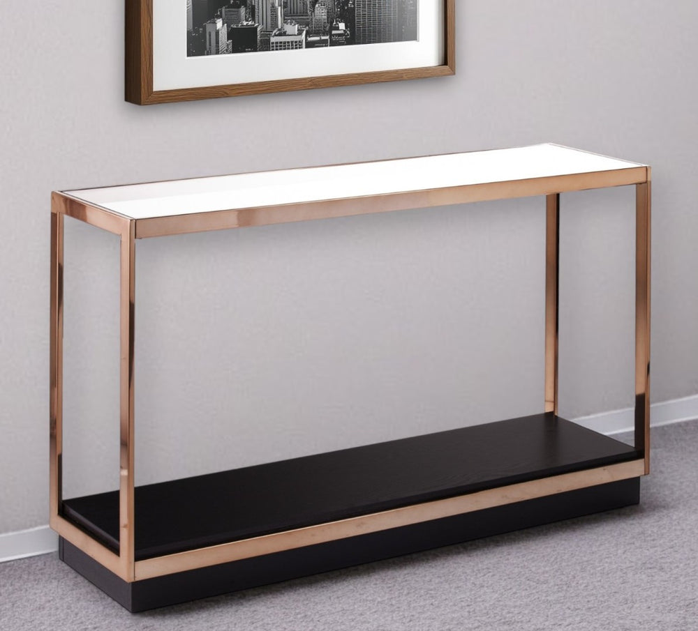 HomeRoots 48" Elegant Clear Glass Console Table with Black and Champagne Accents for Modern Living Spaces 402381