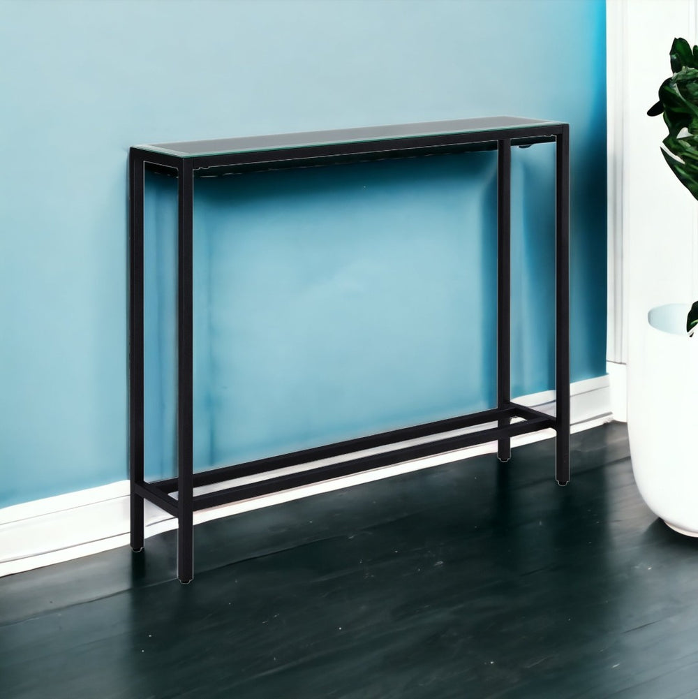 HomeRoots 36" Black Mirrored Glass Console Table - Sleek, Modern Design for Entryways & Living Rooms, Durable Metal Base 402384