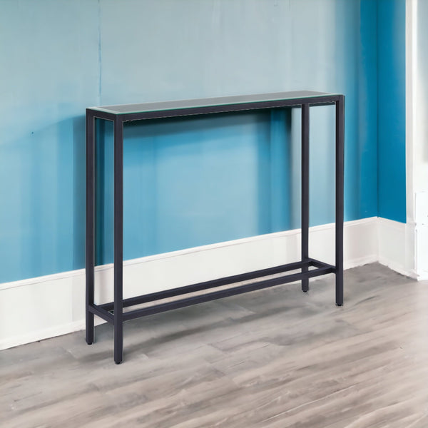 Homeroots 36" Black And Gunmetal Mirrored Glass Console Table   402385