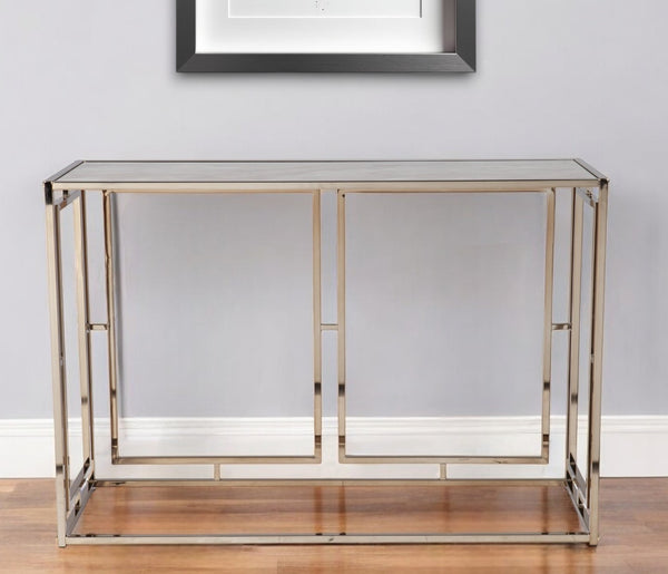 Homeroots 44" Champagne And Gold Faux Marble Frame Console Table   402386