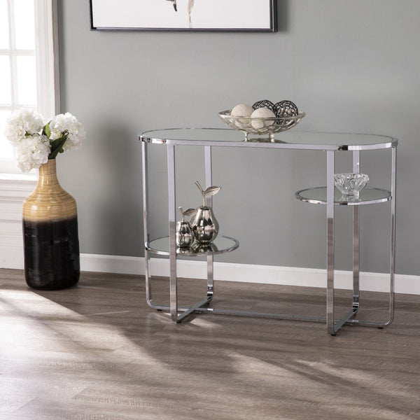 Homeroots 42" Silver Mirrored Glass Oval Cross Leg Console Table With Shelves   402388