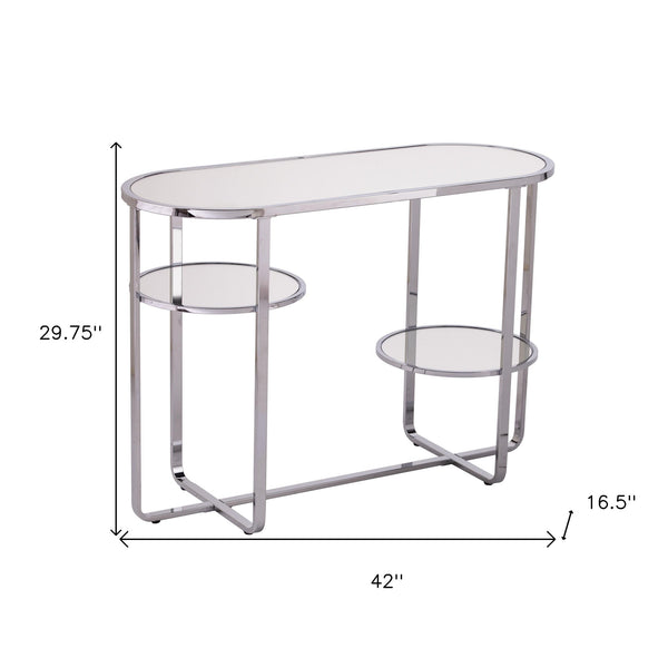 Homeroots 42" Silver Mirrored Glass Oval Cross Leg Console Table With Shelves   402388
