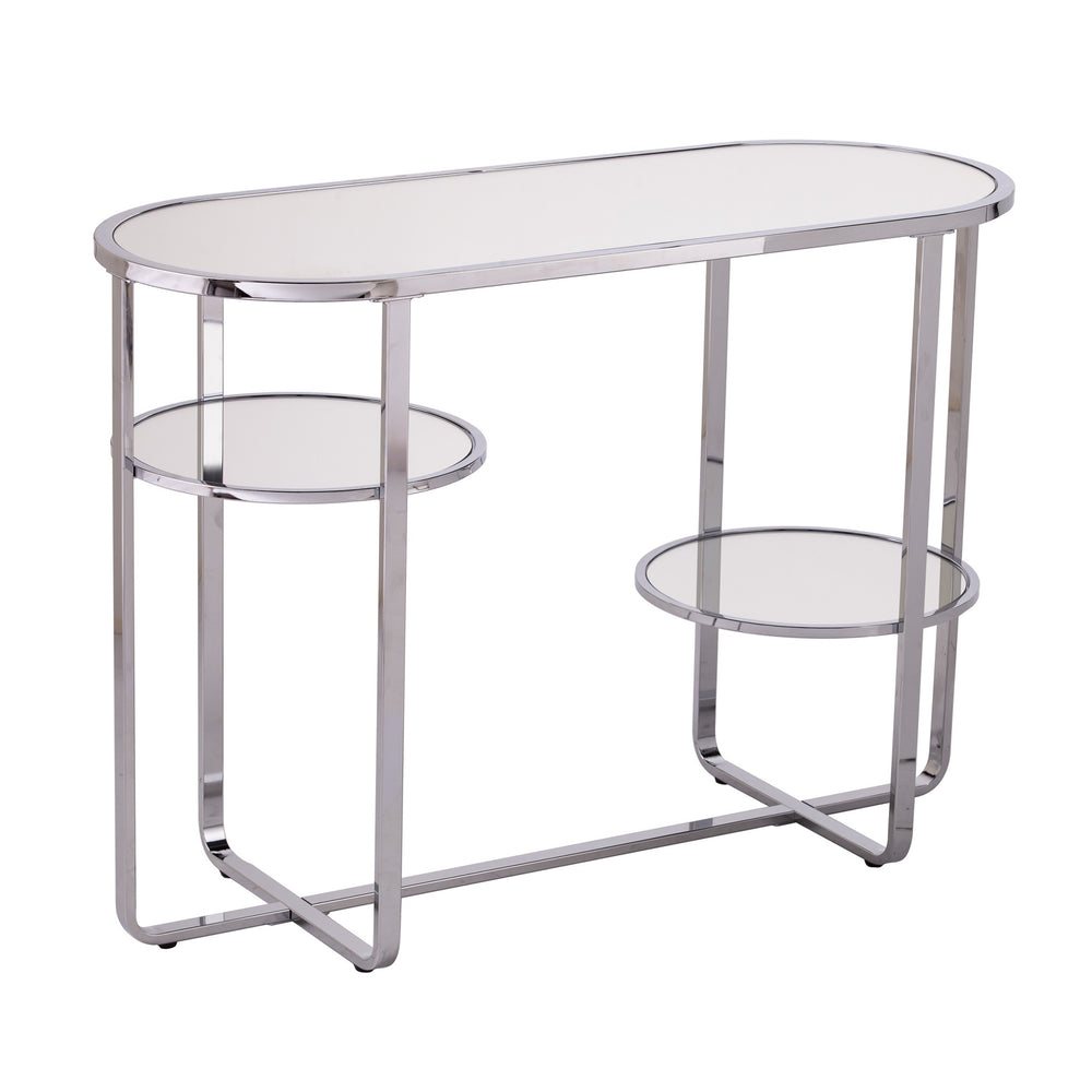 Homeroots 42" Silver Mirrored Glass Oval Cross Leg Console Table With Shelves   402388