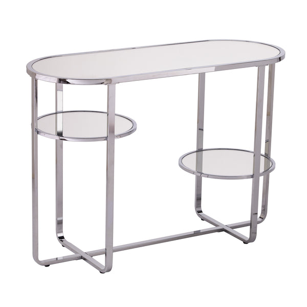 Homeroots 42" Silver Mirrored Glass Oval Cross Leg Console Table With Shelves   402388