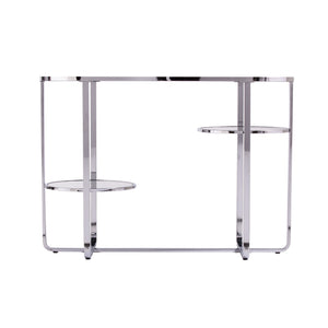 Homeroots 42" Silver Mirrored Glass Oval Cross Leg Console Table With Shelves   402388