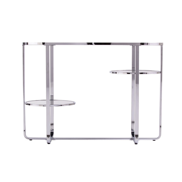 Homeroots 42" Silver Mirrored Glass Oval Cross Leg Console Table With Shelves   402388