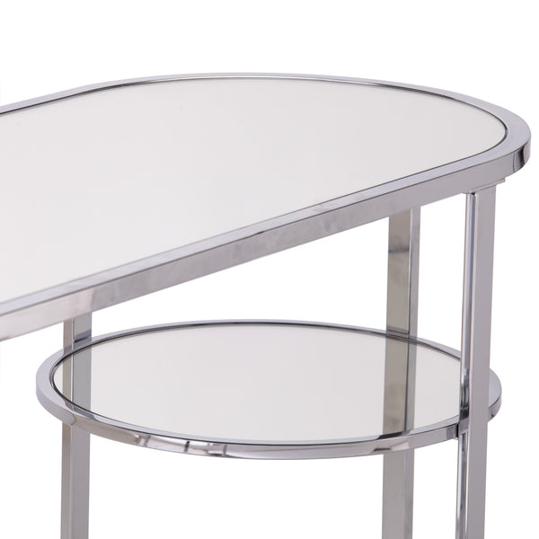 Homeroots 42" Silver Mirrored Glass Oval Cross Leg Console Table With Shelves   402388