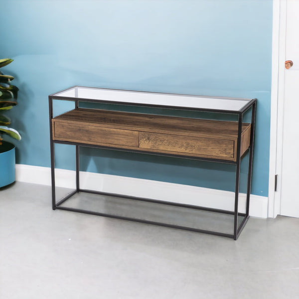 Homeroots 48" Clear And Black Glass Frame Console Table With Storage With Storage   402389