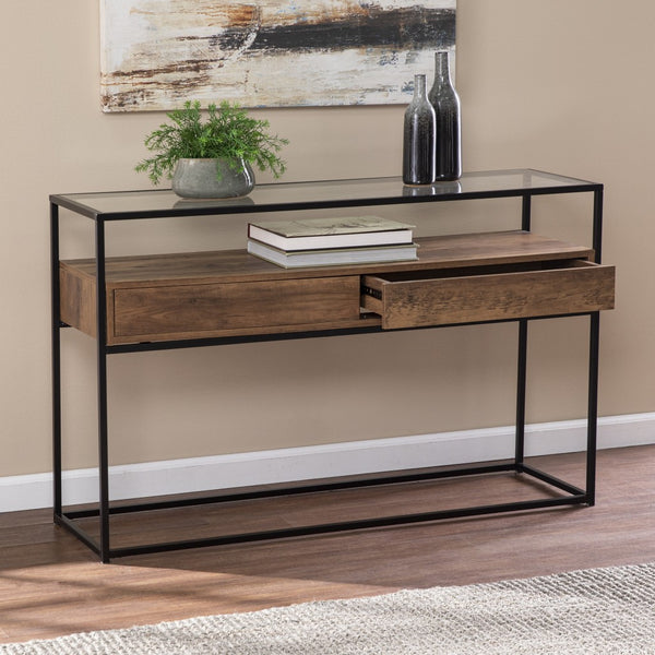Homeroots 48" Clear And Black Glass Frame Console Table With Storage With Storage   402389