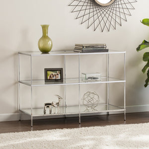Homeroots 42" Clear And Silver Glass Mirrored Frame Console Table With Shelves   402390