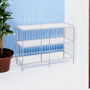 Homeroots 42" Clear And Silver Glass Mirrored Frame Console Table With Shelves   402390