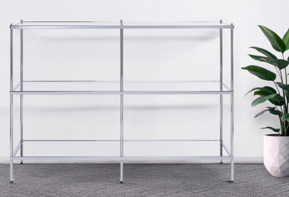 HomeRoots 42" Elegant Clear Glass Console Table with Silver Mirrored Frame & 2 Shelves for Stylish Storage 402390